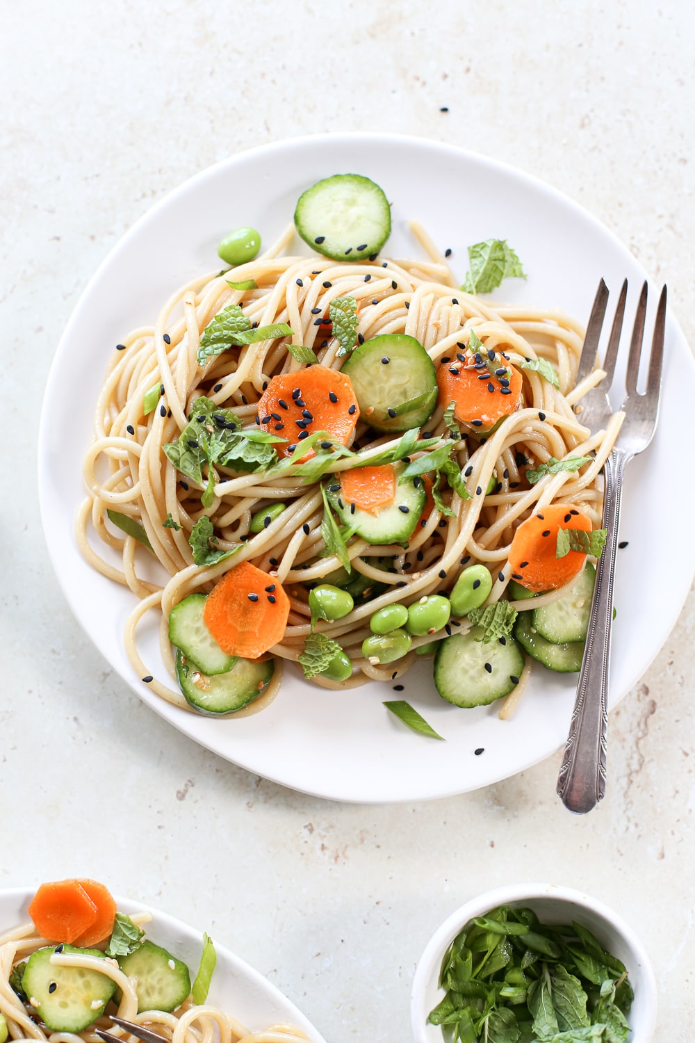 cold sesame noodles topped with edamame