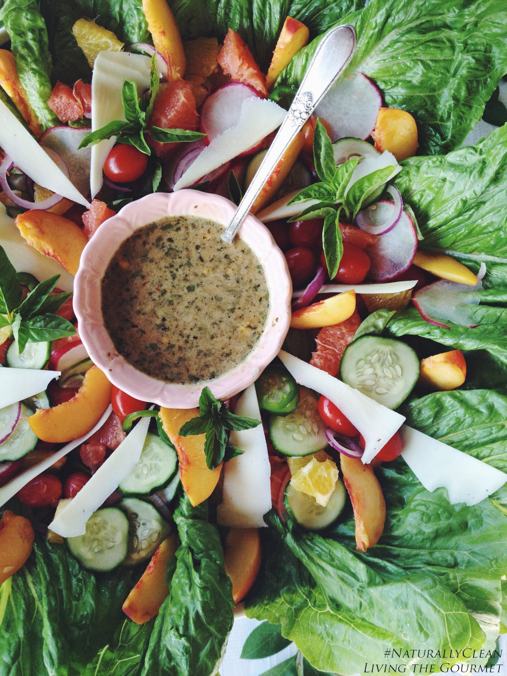 chopped carrots and radishes layered on top of dressing