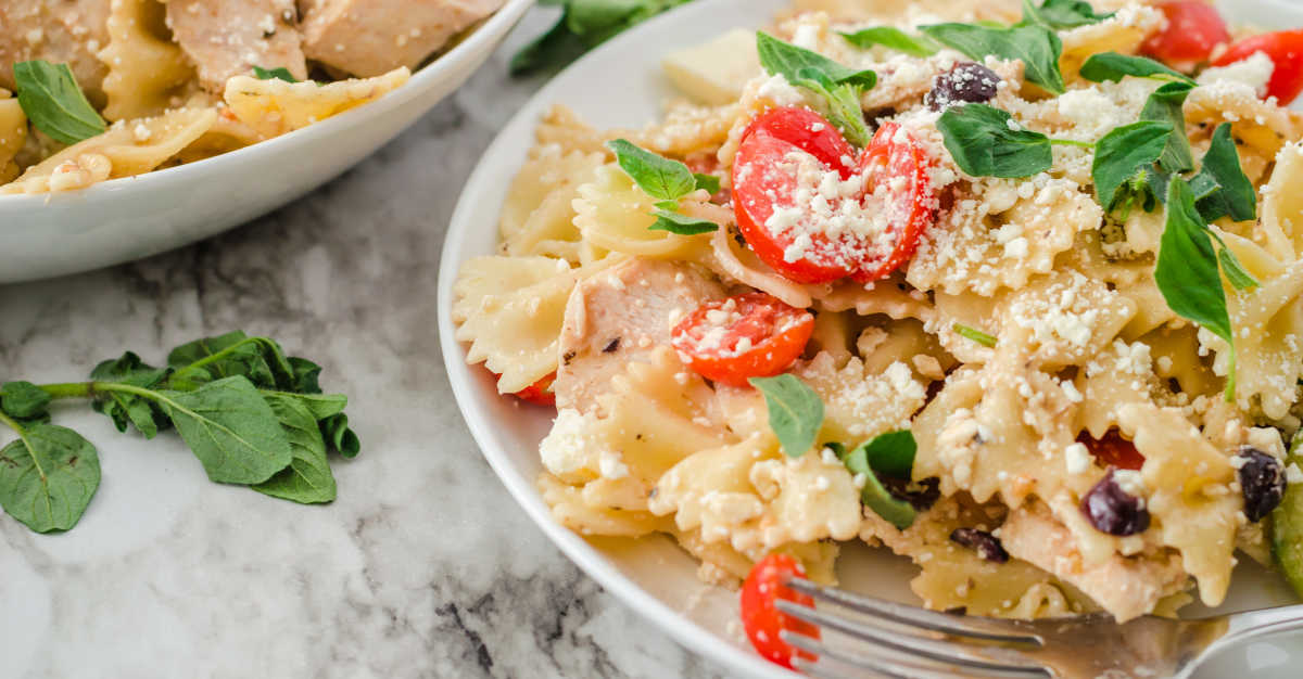 orzo salad with cucumber, olives, and feta